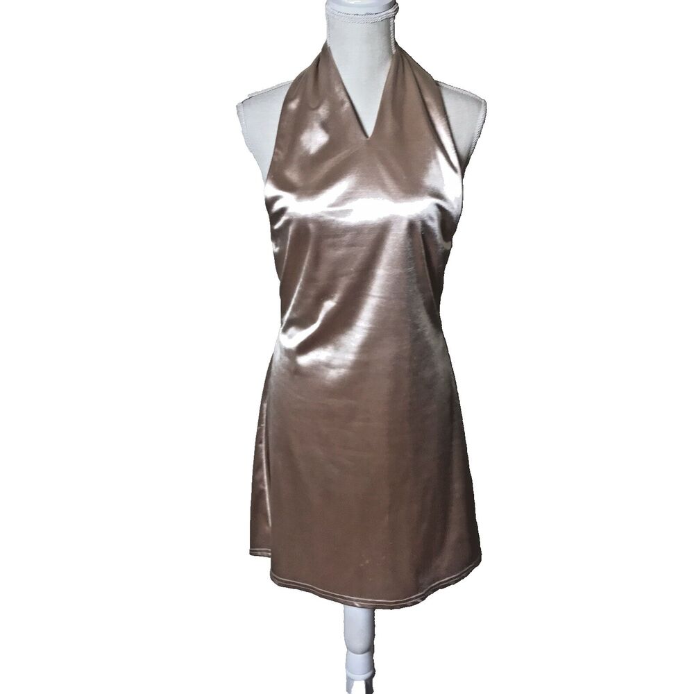 Madrag Woman's Backless Satin Champagne Color Bodycon Cocktail Dress Size L
